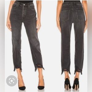 Free People high rise straight leg jeans black denim chewed hem